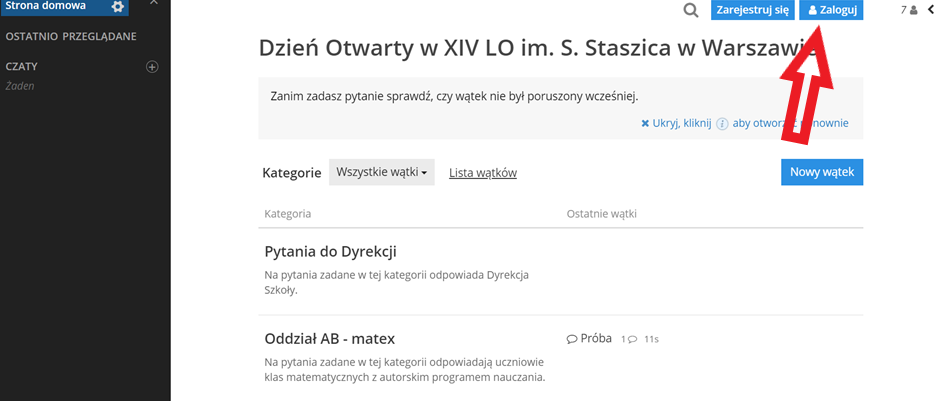 Zrzut ekranu aplikacji do obsługi dnia otwartego z zaznaczonym przeciskiem do logowania.