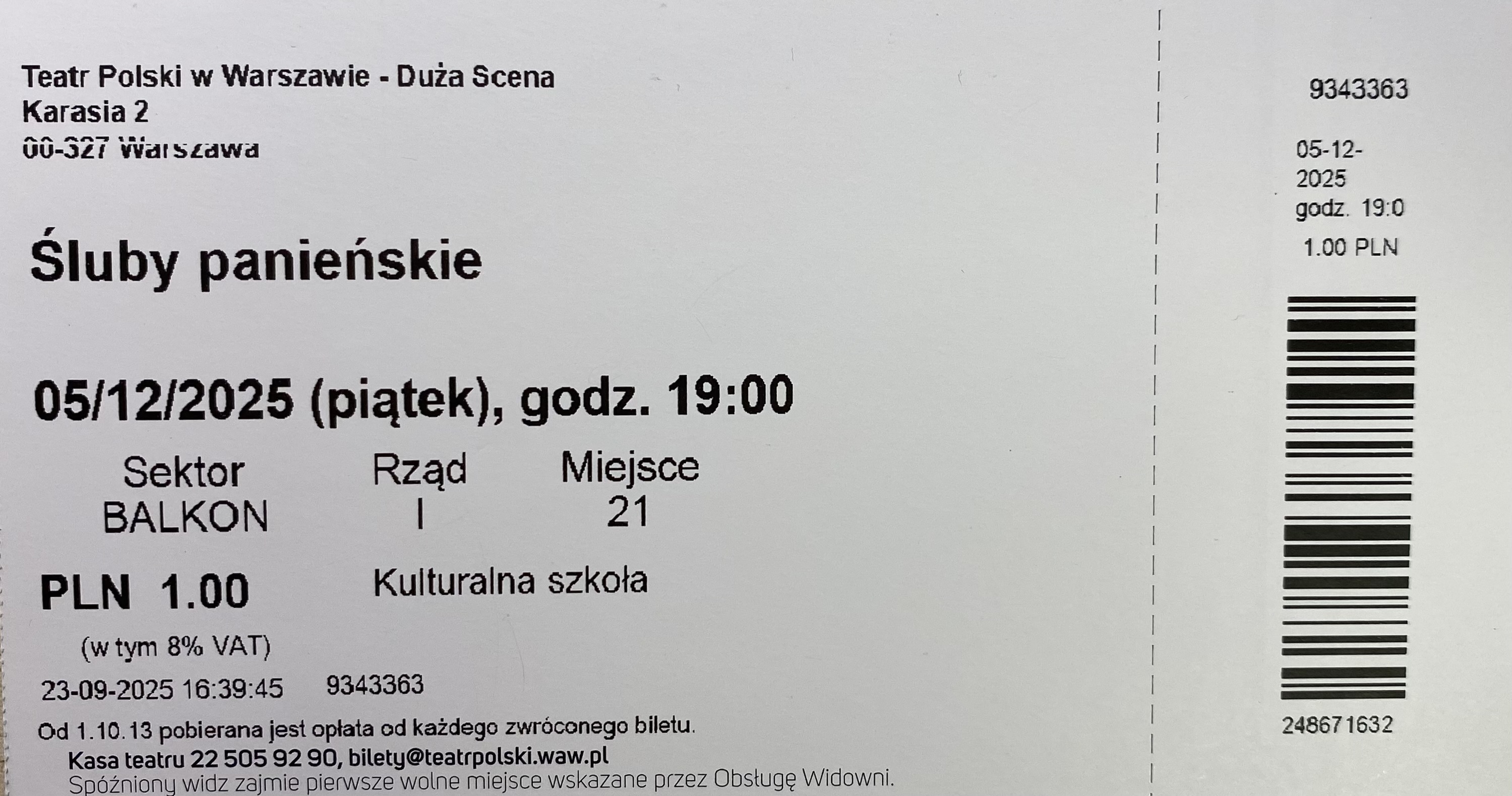 bilet wstępu do Teatru Polskiego